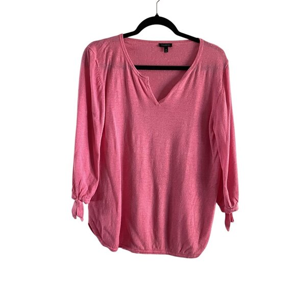 Talbots Women M Pink Split Neckline 3/4 Tie Sleeves Hamptons Linen Sweater - Picture 2 of 9